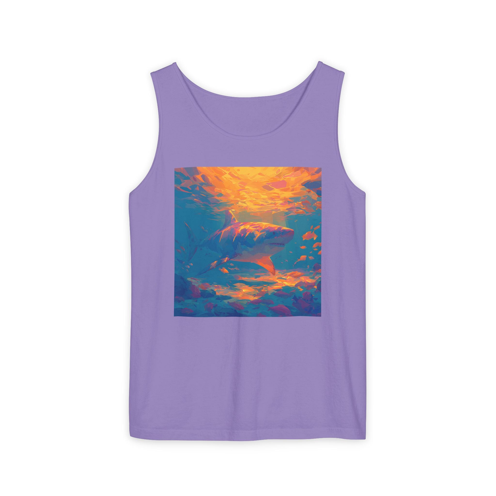 Aquamarine and Pink Shark Sunset Tank Top — Vibrant Underwater Art Tee
