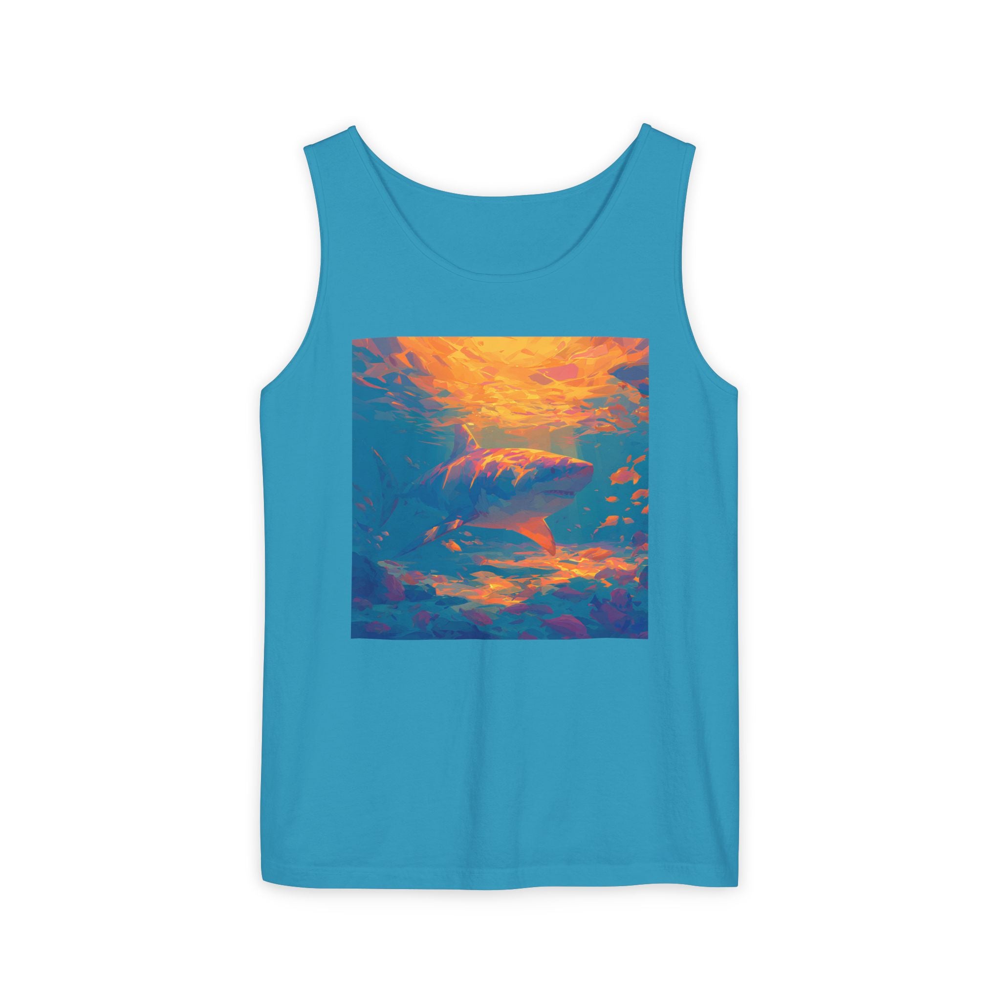 Aquamarine and Pink Shark Sunset Tank Top — Vibrant Underwater Art Tee