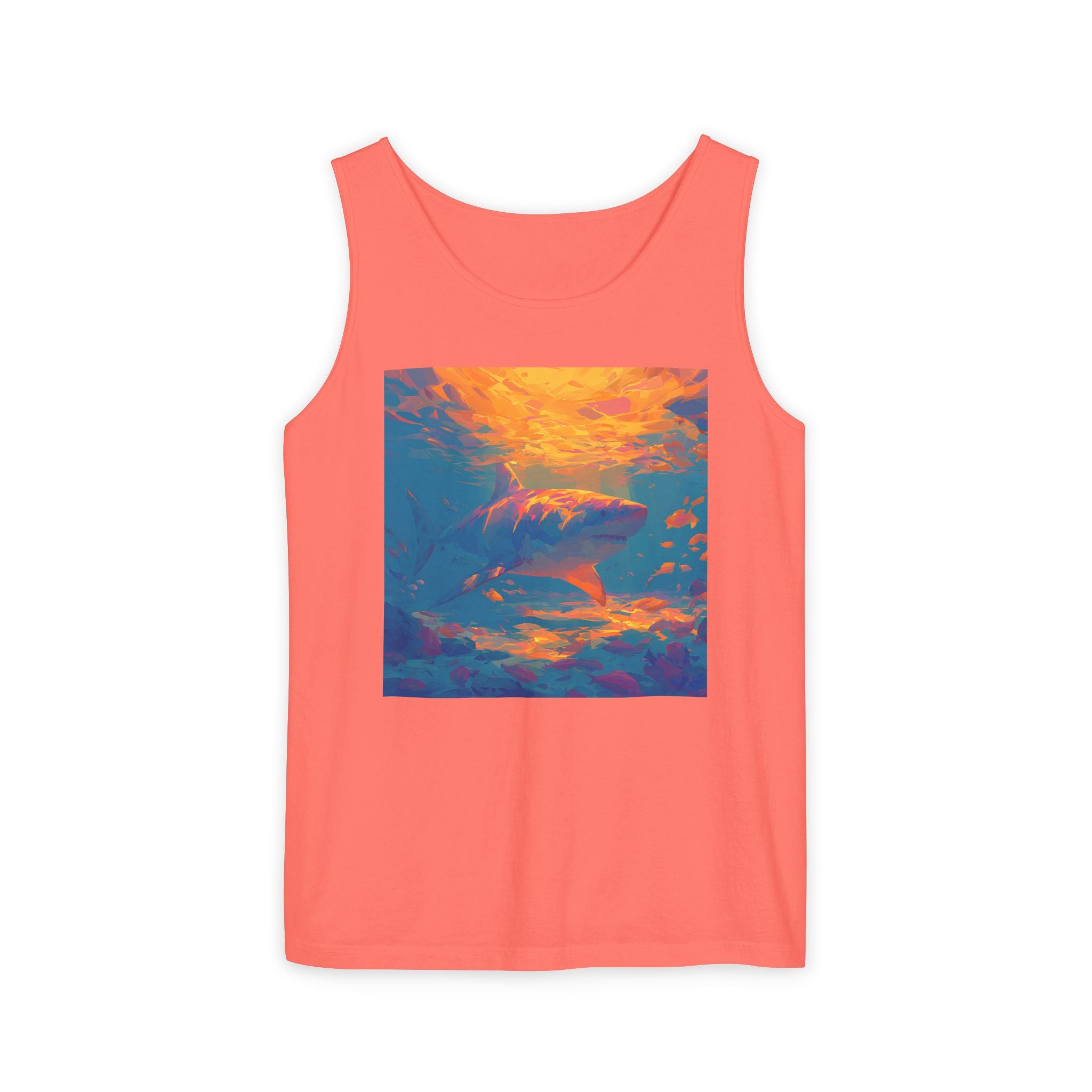 Aquamarine and Pink Shark Sunset Tank Top — Vibrant Underwater Art Tee