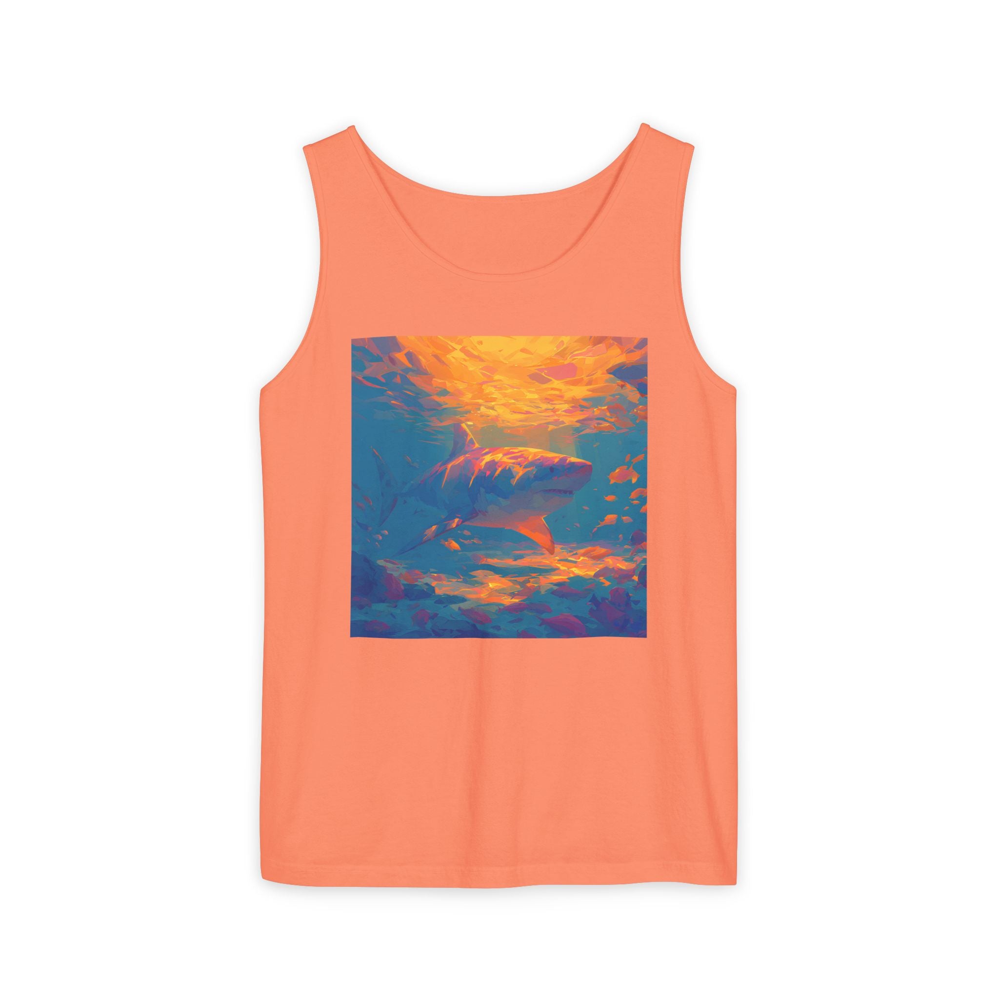 Aquamarine and Pink Shark Sunset Tank Top — Vibrant Underwater Art Tee