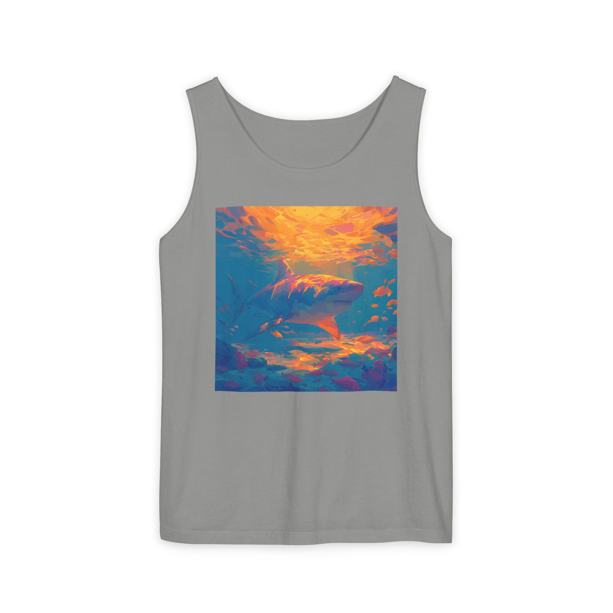 Aquamarine and Pink Shark Sunset Tank Top — Vibrant Underwater Art Tee