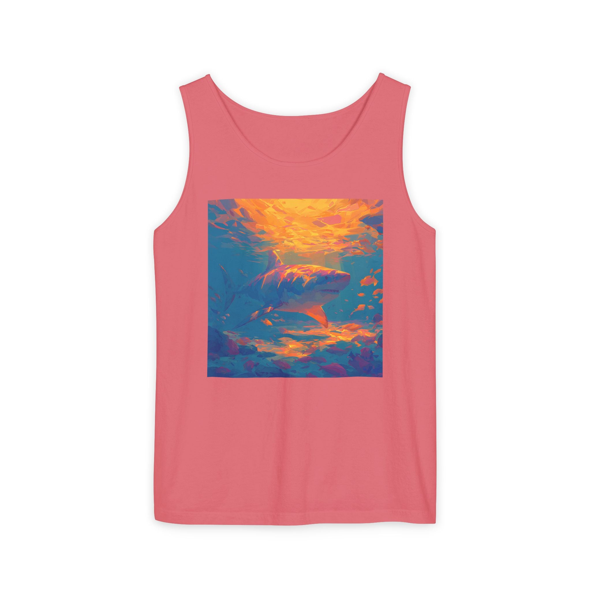 Aquamarine and Pink Shark Sunset Tank Top — Vibrant Underwater Art Tee