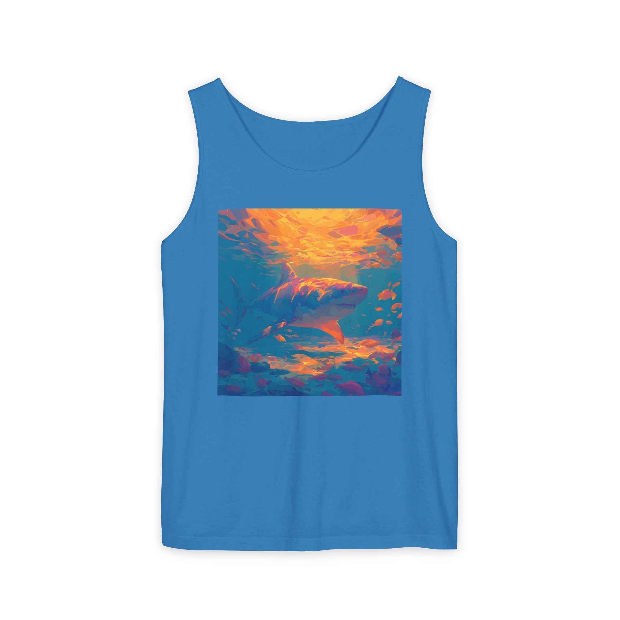 Aquamarine and Pink Shark Sunset Tank Top — Vibrant Underwater Art Tee