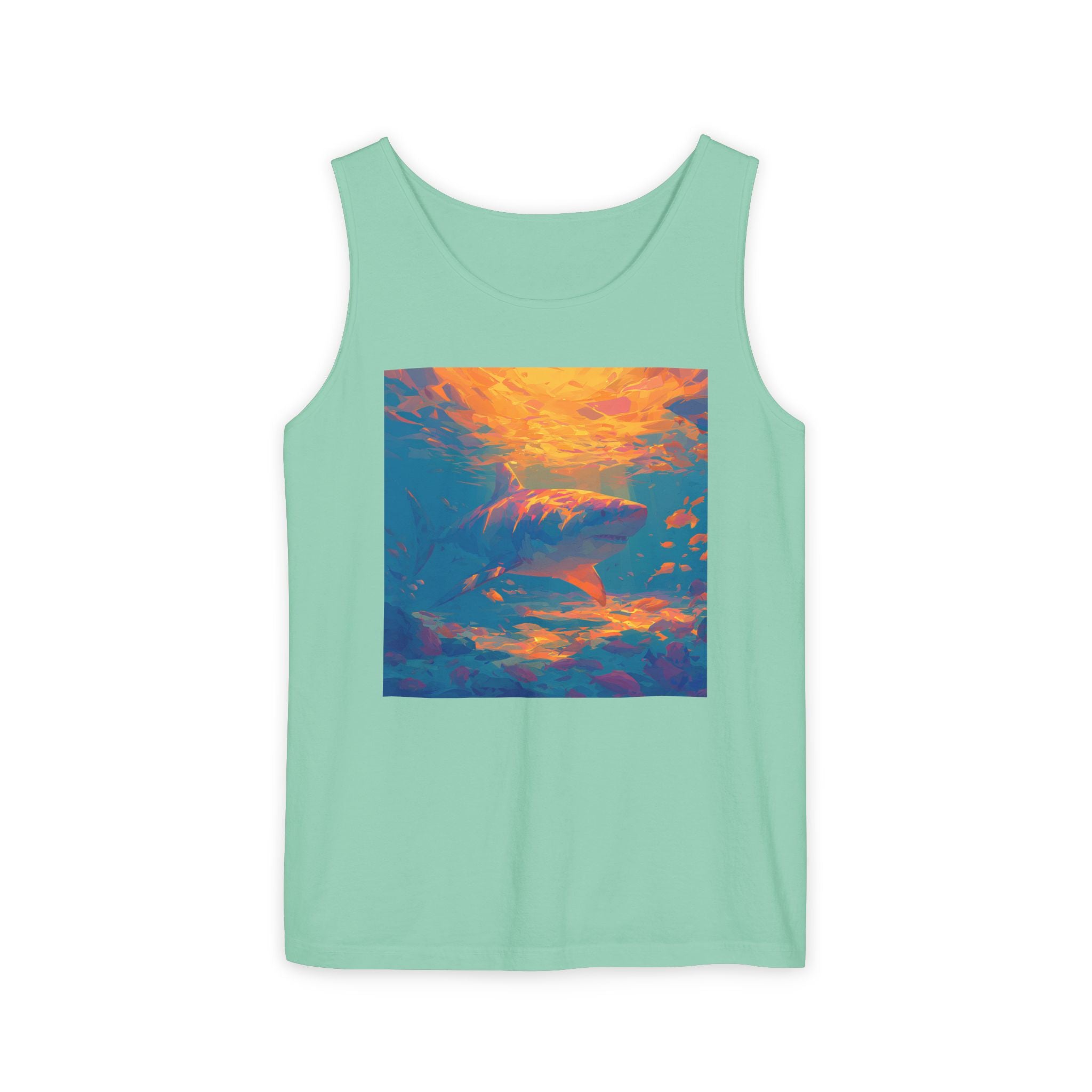 Aquamarine and Pink Shark Sunset Tank Top — Vibrant Underwater Art Tee