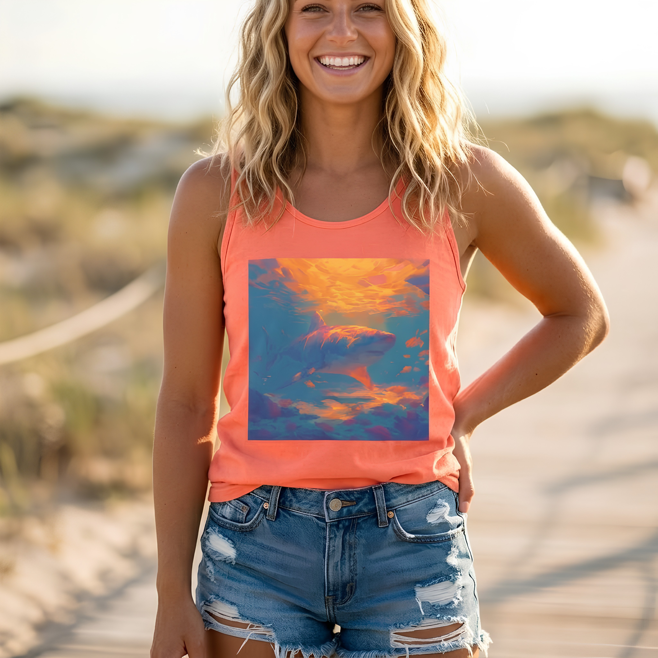 Aquamarine and Pink Shark Sunset Tank Top — Vibrant Underwater Art Tee