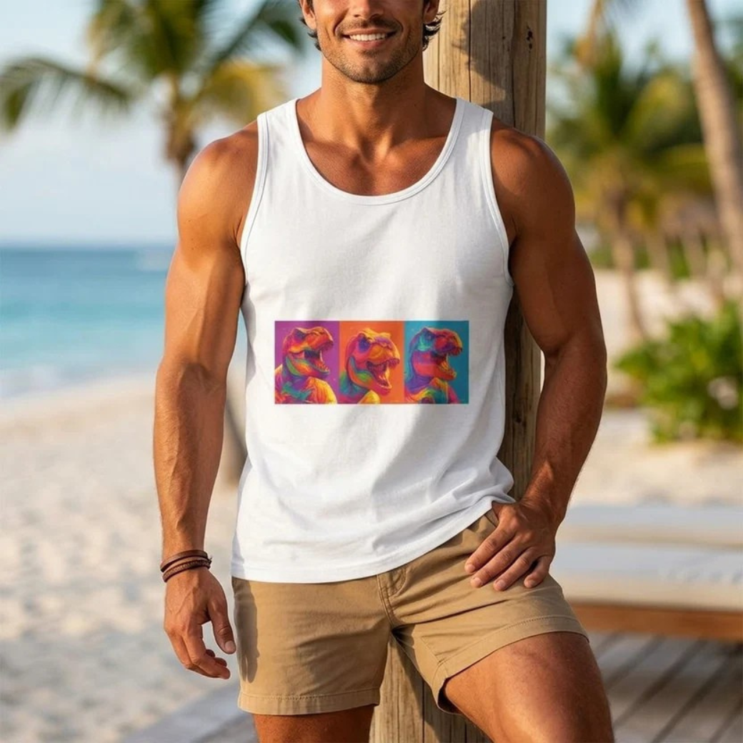 T-Rex Pop Art Triptych Tank Top | Colorful Retro Rainbow Dinosaur Graphic