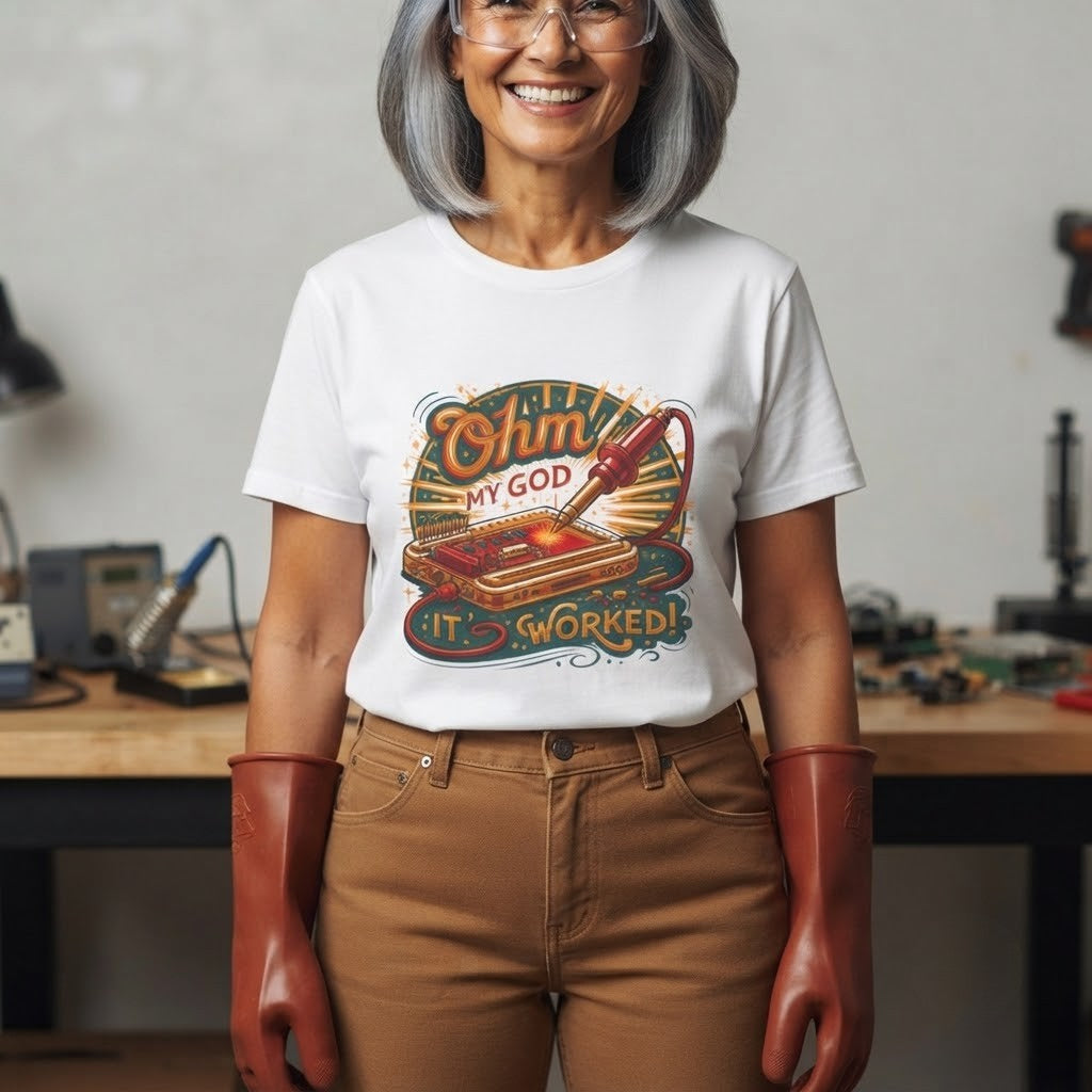 Ohm My God It Worked T-Shirt | Electronics Soldering Retro Design