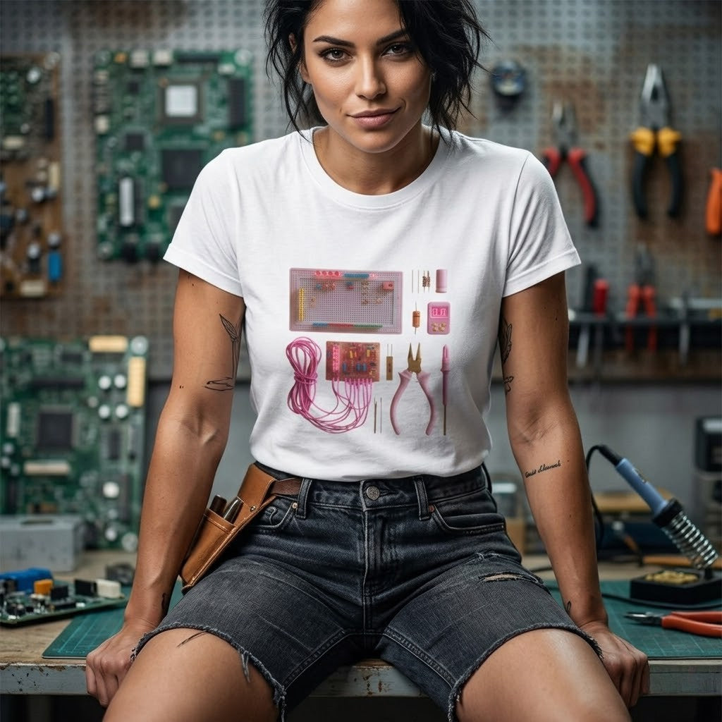 Pink Electronics Tools Layout T-Shirt | Circuit Kit, Soldering Gear