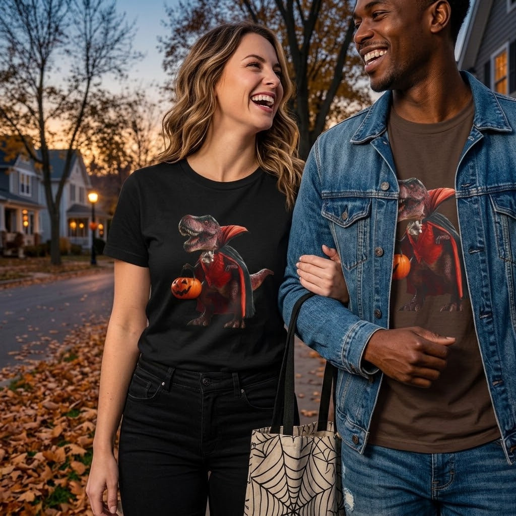T-Rex Dracula Halloween Tee — Dinosaur Vampire Pumpkin Graphic T-Shirt
