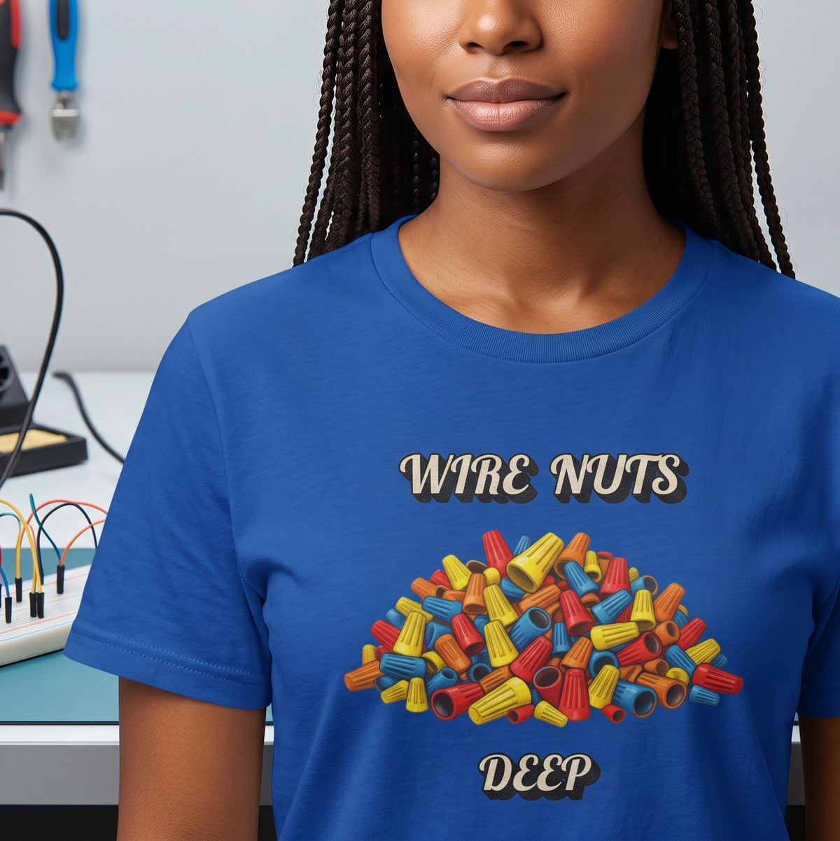 Wire Nuts Humor T-Shirt — Colorful Hardware Pile Tee ("Wire Nuts" Text)