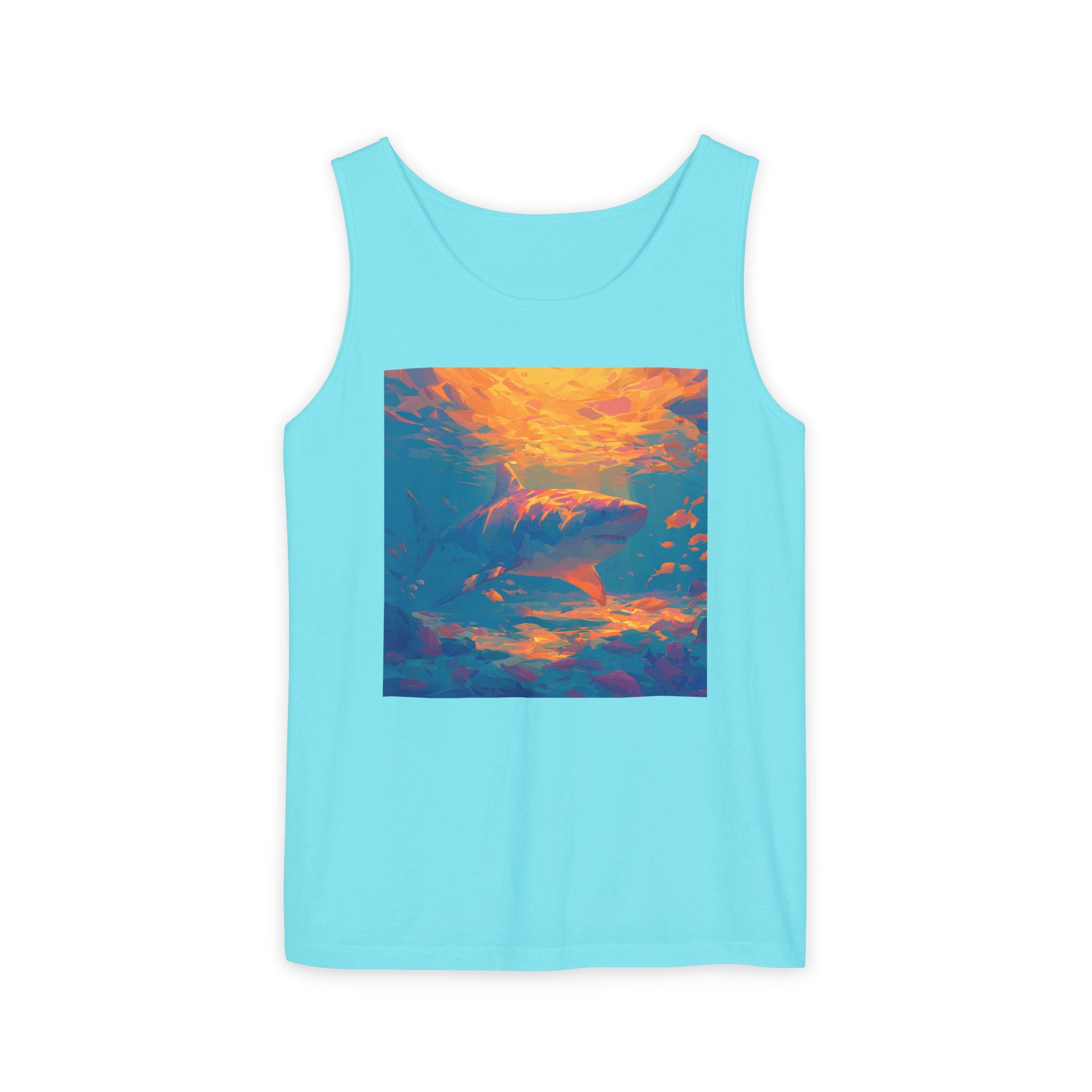 Aquamarine and Pink Shark Sunset Tank Top — Vibrant Underwater Art Tee