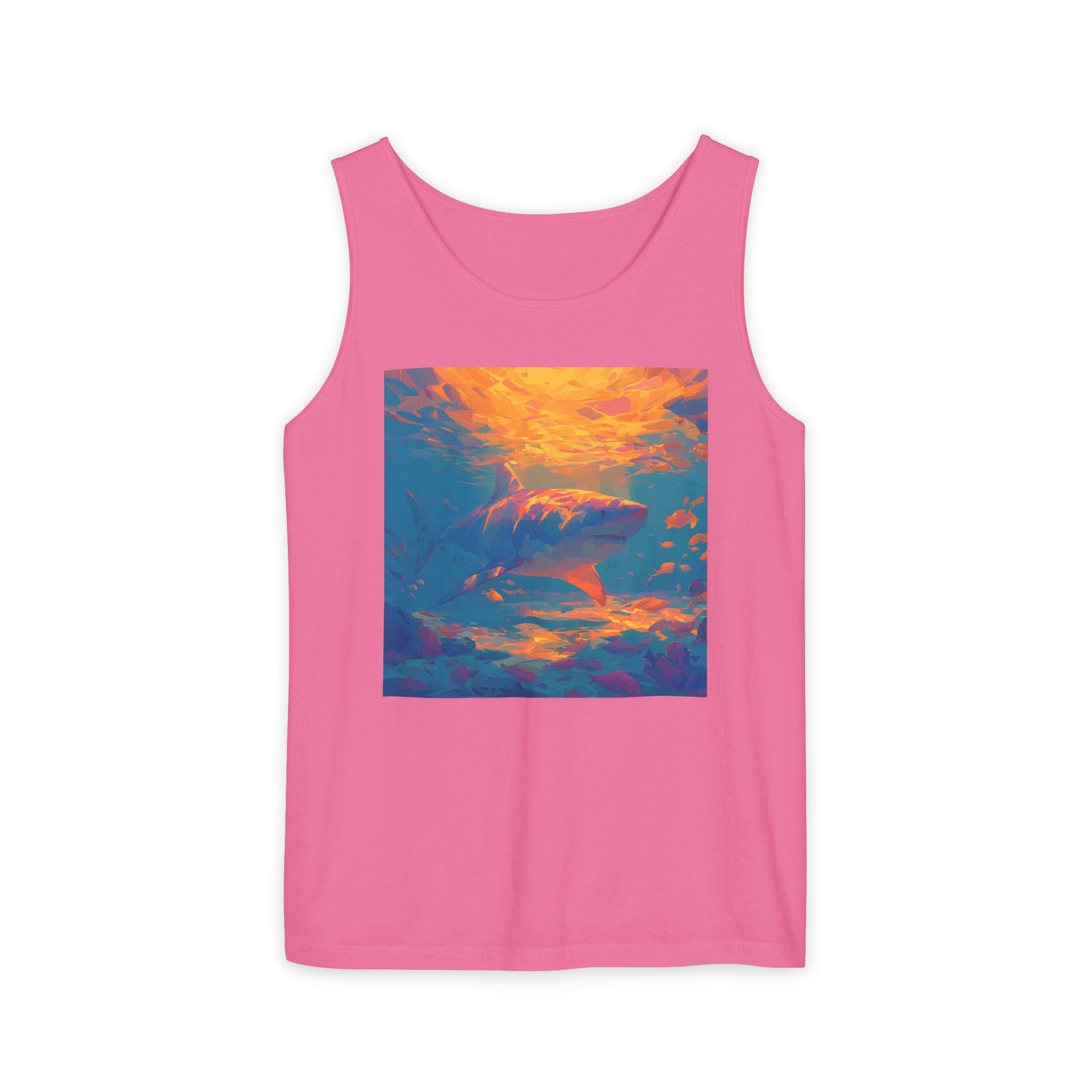 Aquamarine and Pink Shark Sunset Tank Top — Vibrant Underwater Art Tee