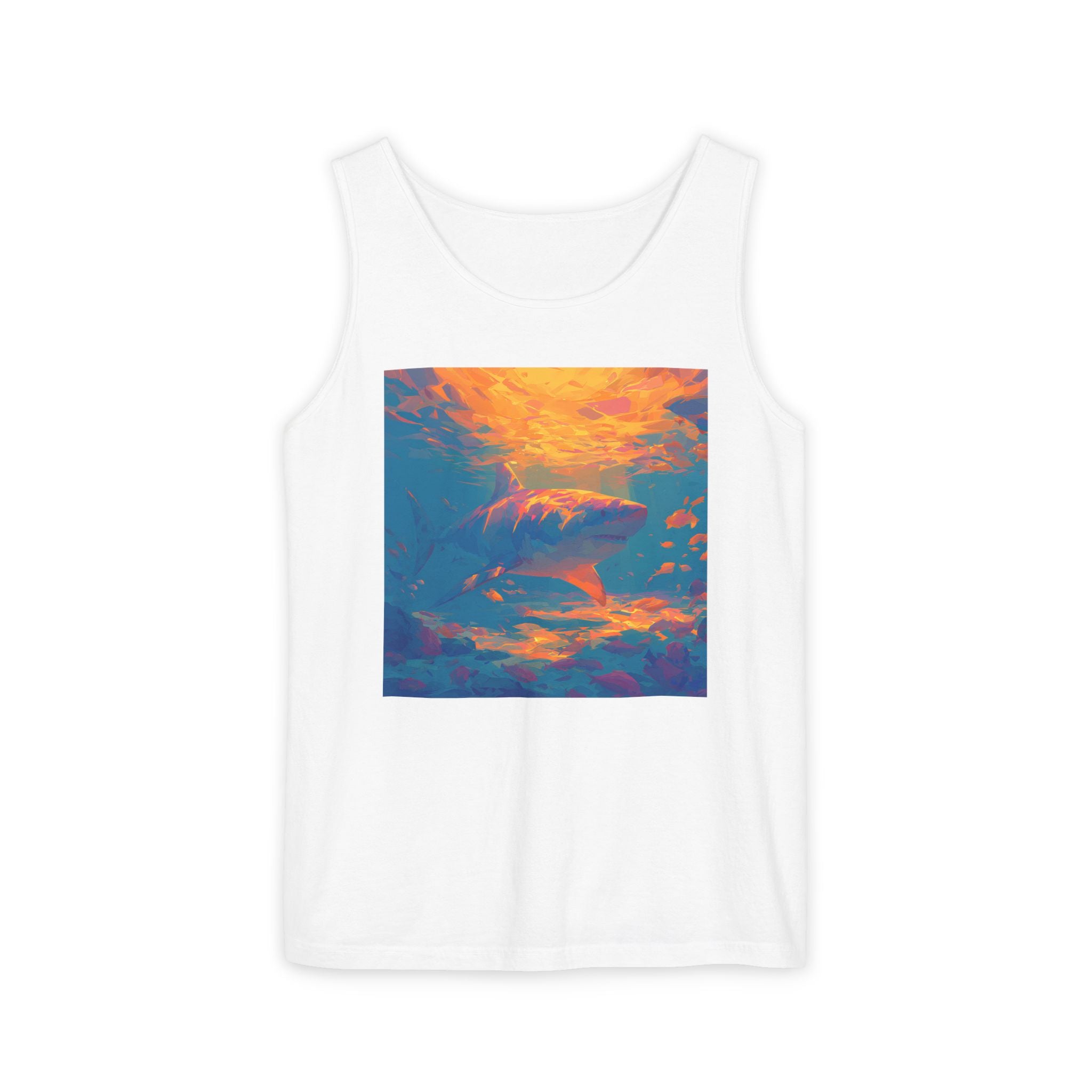 Aquamarine and Pink Shark Sunset Tank Top — Vibrant Underwater Art Tee