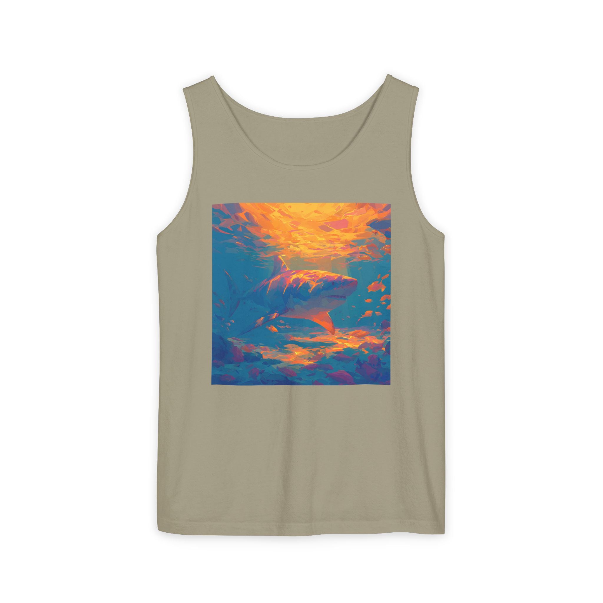 Aquamarine and Pink Shark Sunset Tank Top — Vibrant Underwater Art Tee